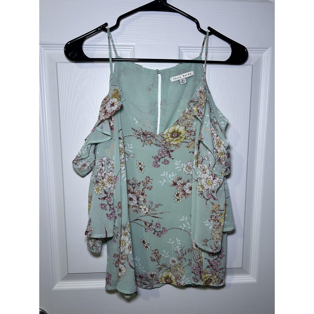 Haute Monde Blouse Women's Medium Green Floral Ruffle Cold Shoulder V Neck Top